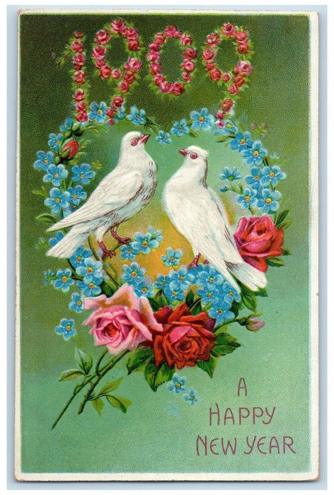 1909 Happy New Year Dove Heart Pansies Roses Flowers Embossed Antique Postcard