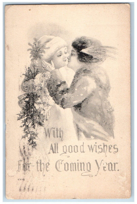 1916 New Year Sweet Couple Kissing Romance Mistletoe Calumet MI Antique Postcard