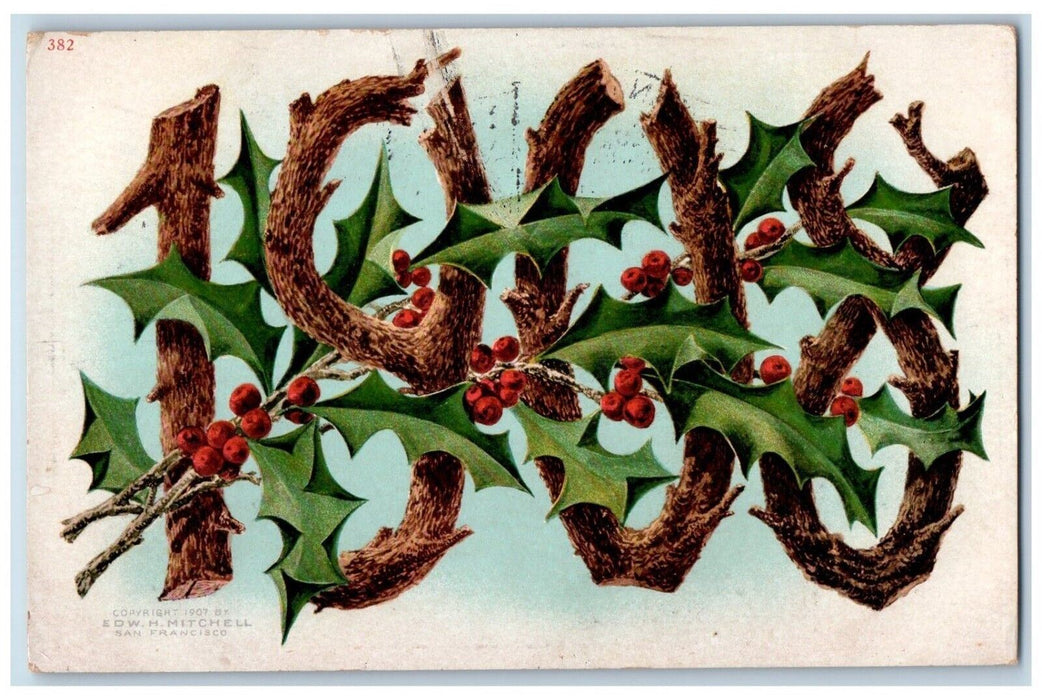 1908 Christmas Broken Logs Large Numbers San Jose California CA Antique Postcard