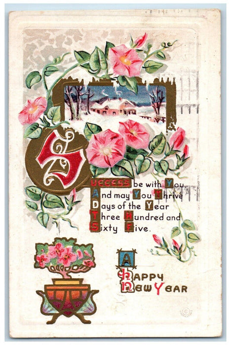 c1910's New Year Flowers House Winter Chimney Embossed Los Angels CA Postcard