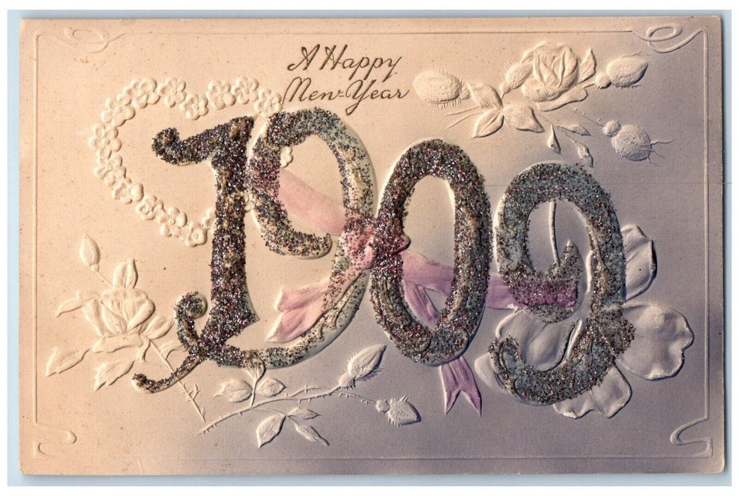 1909 New Year Heart Pansies Flowers Large Numbers Airbrushed Glitter Postcard