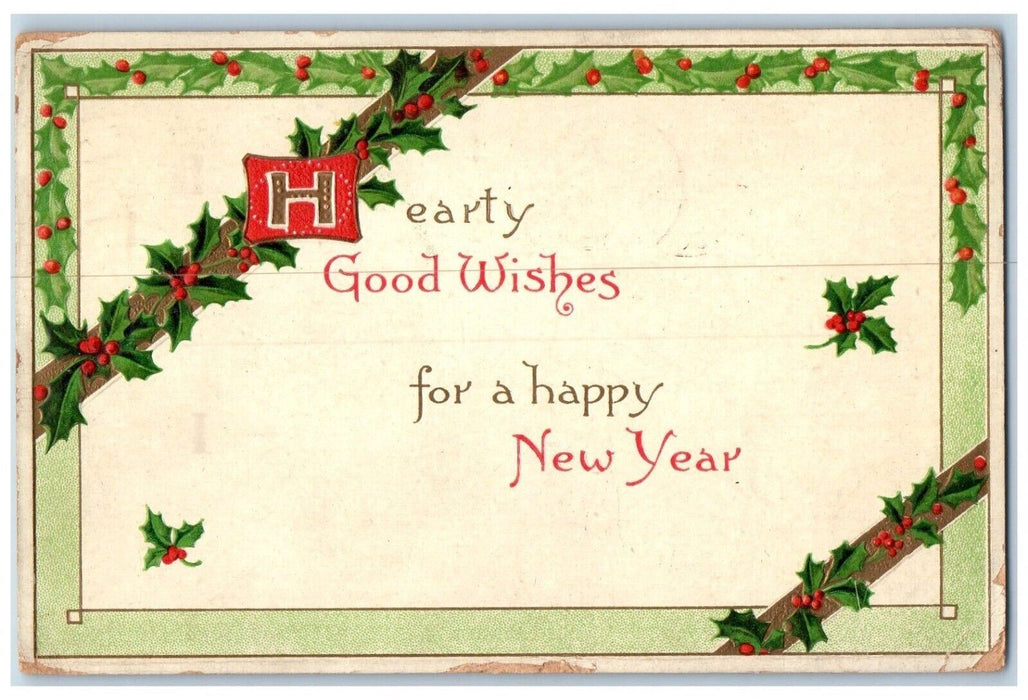 1908 Happy New Year Holly Berries Embossed Milwaukee Wisconsin WI Postcard