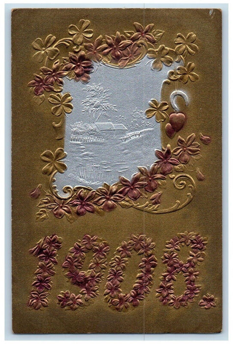 1908 Flowers Shamrock Horseshoe Heart Airbrushed Embossed Antique Postcard