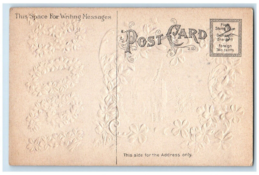 1908 Flowers Shamrock Horseshoe Heart Airbrushed Embossed Antique Postcard