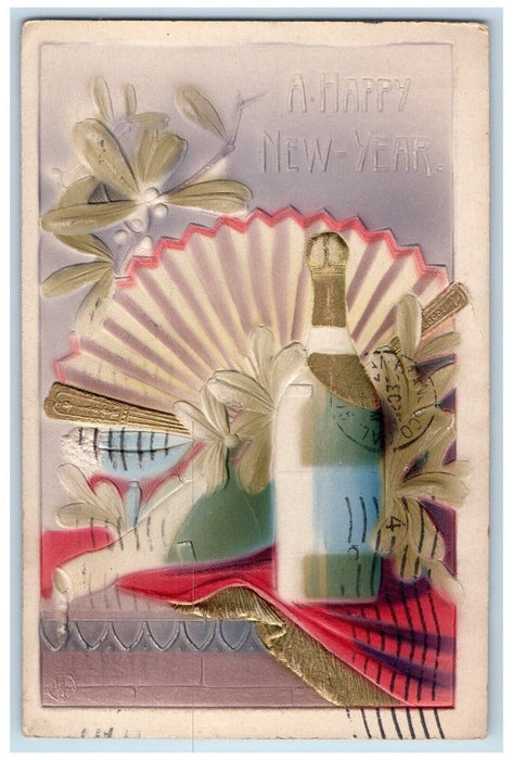 1910 New Year Mistletoe Fan Bottle Airbrushed Embossed San Francisco CA Postcard