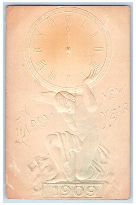 1909 Happy New Year Man Carrying Clock Airbrushed Embossed Antique Postcard