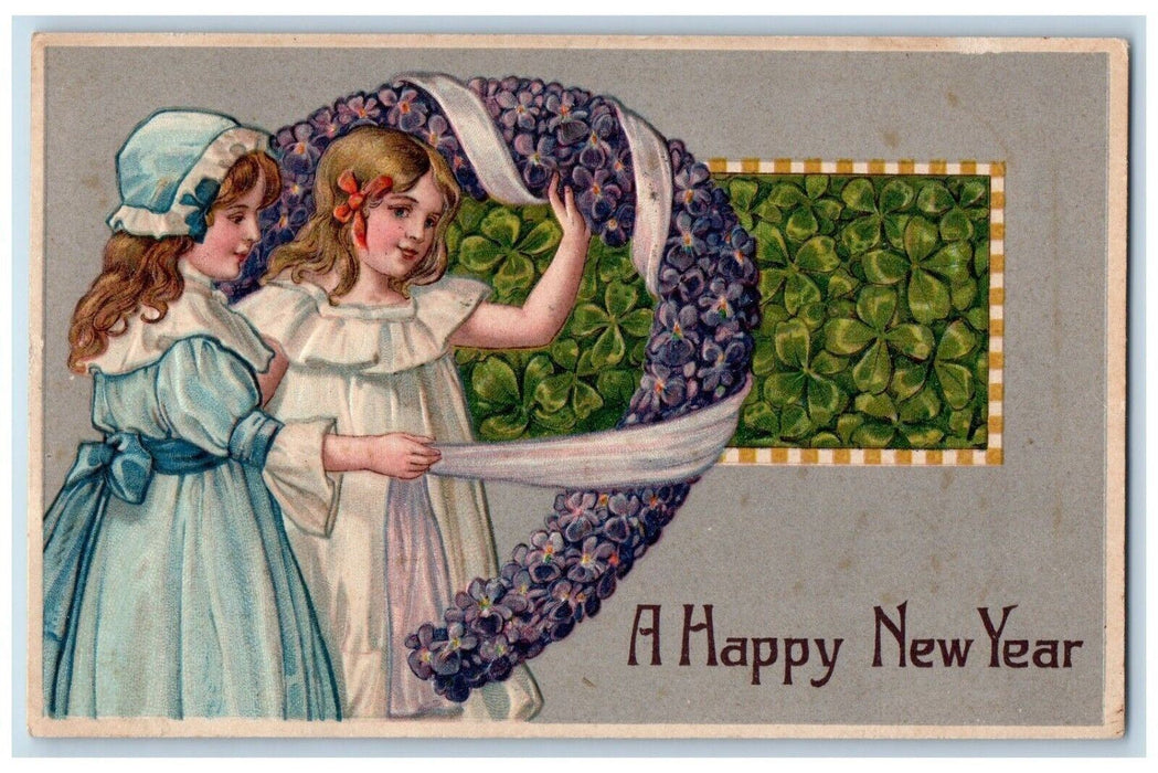 c1910's Happy New Year Horseshoe Pansies Flowers Shamrock Embossed Postcard