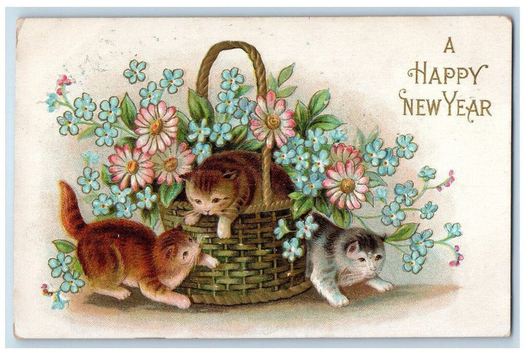 c1910's Happy New Year Daisy Pansies Flowers Cute Cat Kittens Embossed Postcard