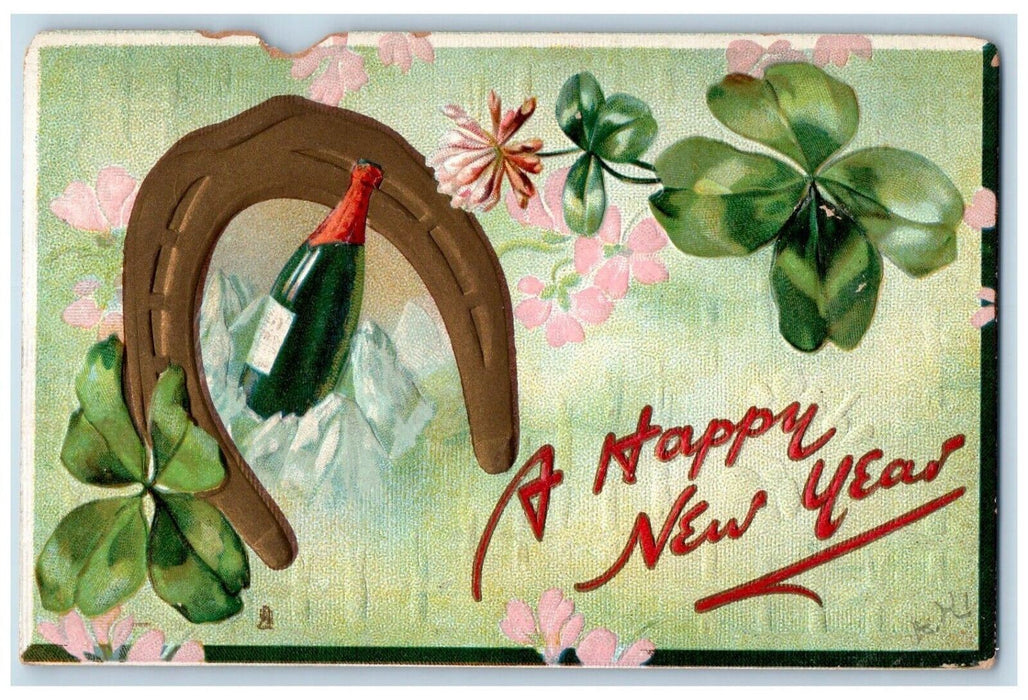 c1910's New Year Horseshoe Flowers Clover Champagne Embossed Tuck's Postcard