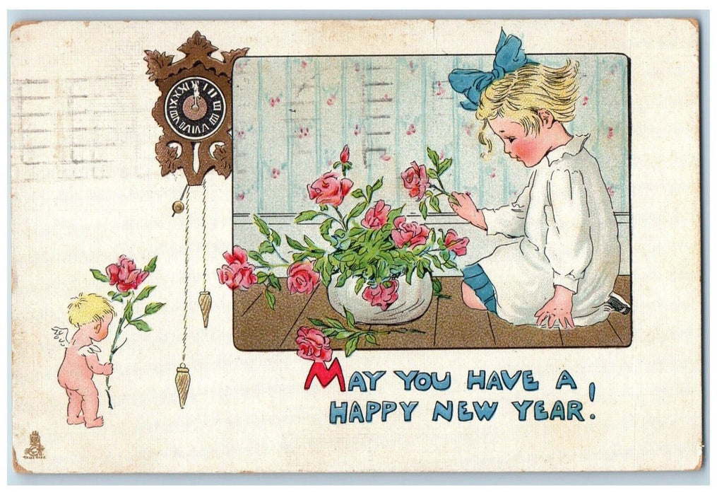 1913 Happy New Year Cupid Bare Butt Flowers Clock Child Tuck's Antique Postcard