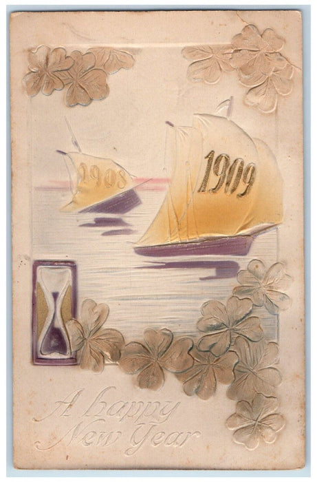 c1910's New Year Sailboat Shamrock Hourglass Airbrushed Embossed Posted Postcard