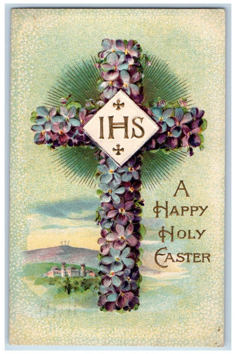c1910's Holy Easter Cross Pansies Flowers IHS Embossed Rochester NY Postcard