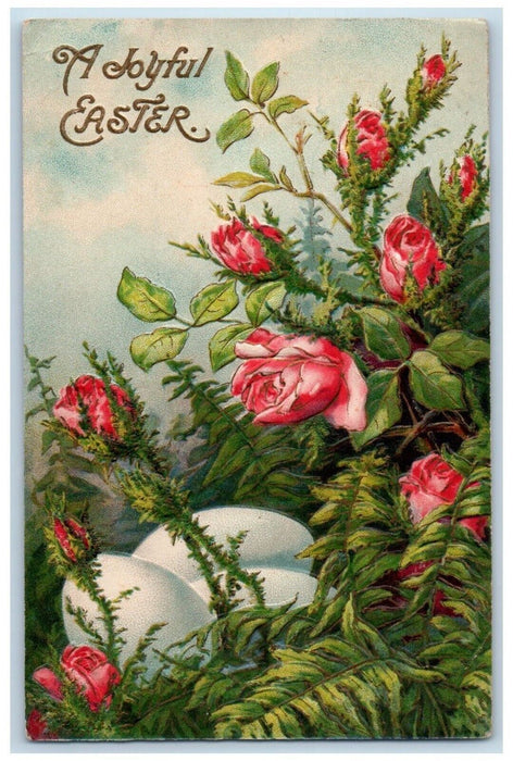 c1910's Joyful Easter Pink Roses Eggs Embossed San Francisco CA Antique Postcard