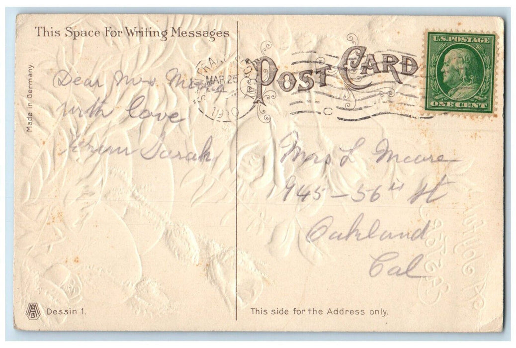 c1910's Joyful Easter Pink Roses Eggs Embossed San Francisco CA Antique Postcard