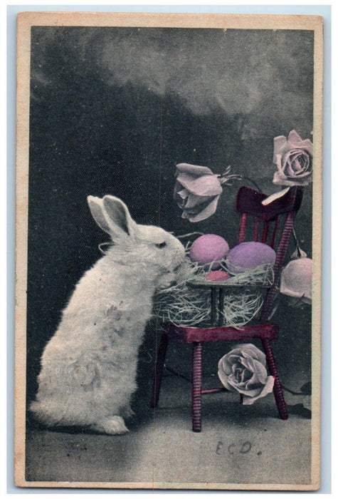 c1910's Easter Bunny Rabbit Eggs Nest Flowers Unposted Antique Postcard