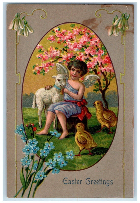 1910 Easter Greetings Egg Angel Lamb Chicks Pansies Chicago Illinois IL Postcard