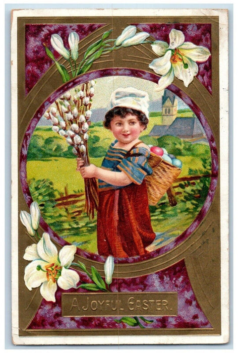 c1910's Easter Girl Basket Eggs Pipe Berry Bundle Flowers Olympia WA Postcard