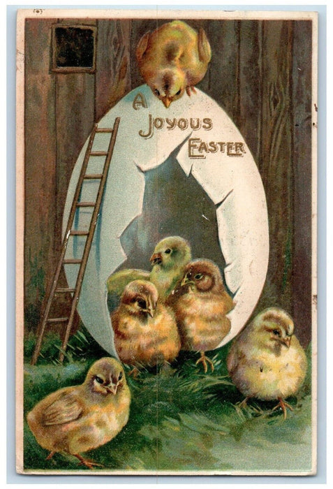 1909 Joyous Easter Hatched Eggs Chicks Ladder Montreal Quebec Canada Postcard
