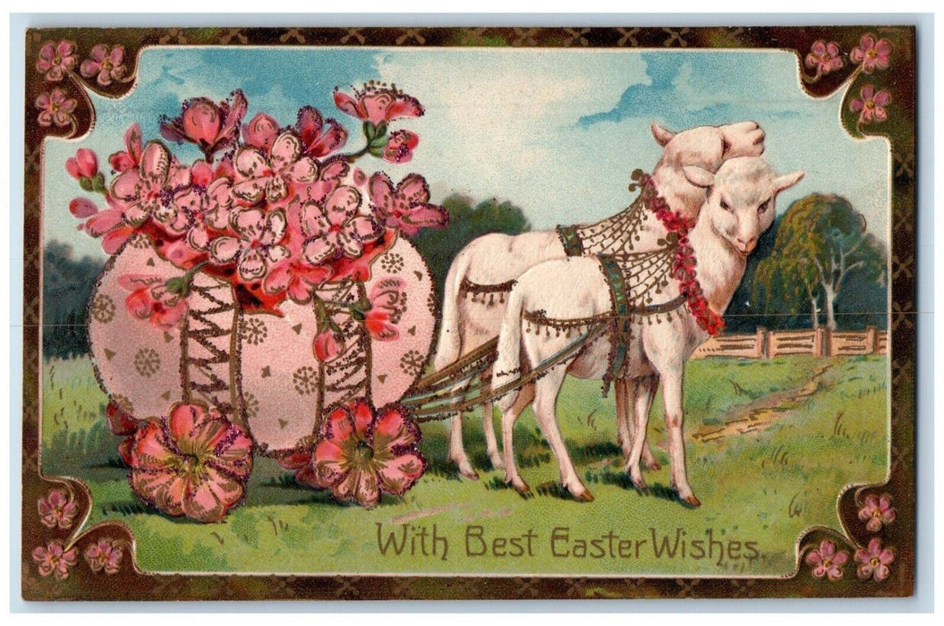c1910's Easter Wishes Lamb Pulling Wagon Giant Egg Flowers Glitter Postcard