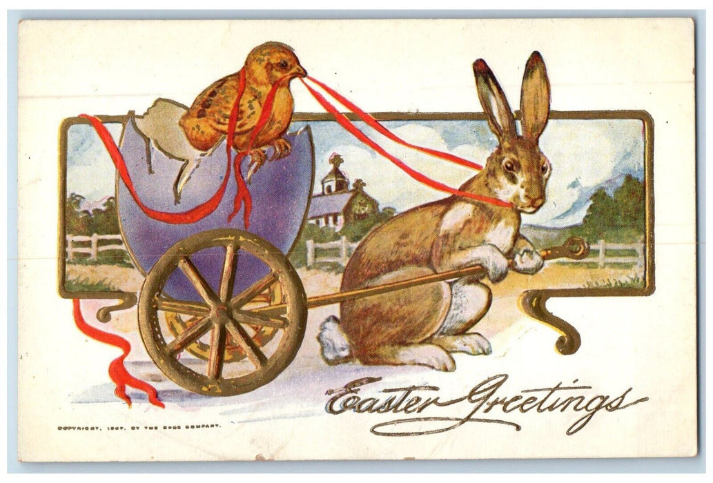 c1910's Easter Greetings Rabbit Pulling Cart Hatched Egg Chick Embossed Postcard