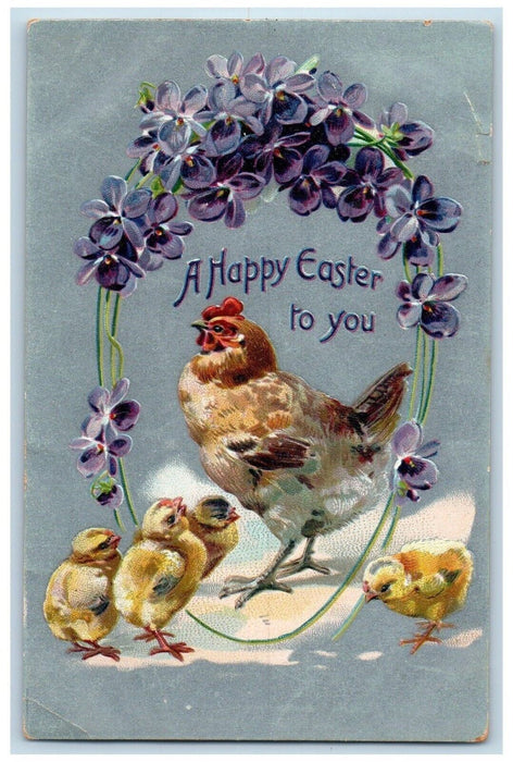 1908 Easter Chicken Hen Chicks Pansies Flowers Arlington KS Tuck's Postcard