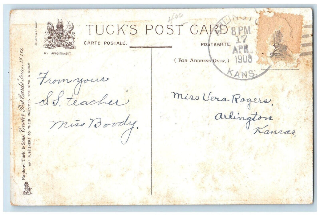 1908 Easter Chicken Hen Chicks Pansies Flowers Arlington KS Tuck's Postcard