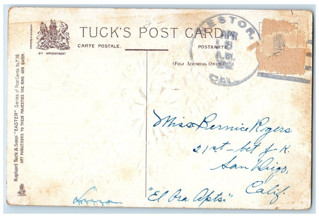1912 Easter Holy Cross Pansies Daisy Flowers Embossed Nestor CA Tuck's Postcard
