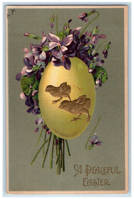 1909 Easter Egg Chicks Pansies Flowers Embossed Los Angeles CA Antique Postcard