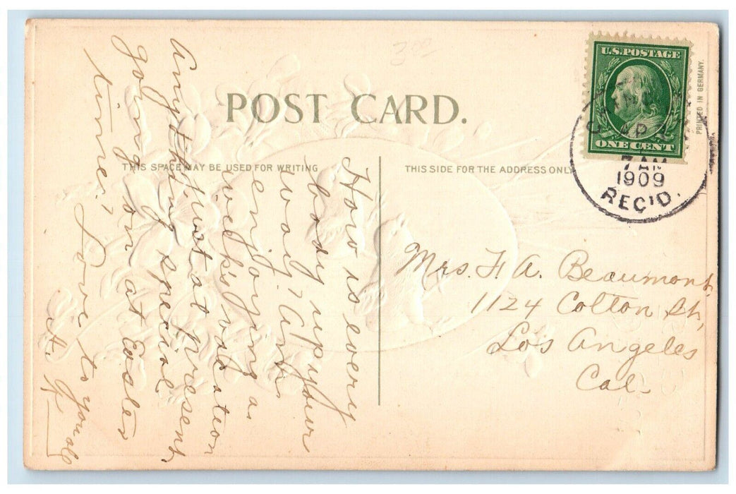 1909 Easter Egg Chicks Pansies Flowers Embossed Los Angeles CA Antique Postcard
