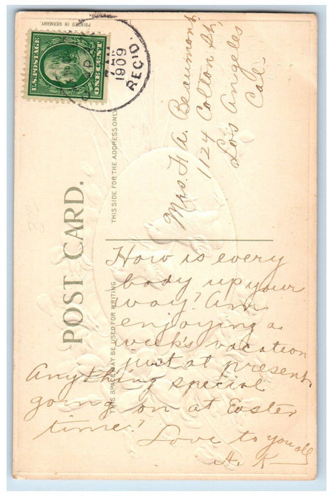 1909 Easter Egg Chicks Pansies Flowers Embossed Los Angeles CA Antique Postcard