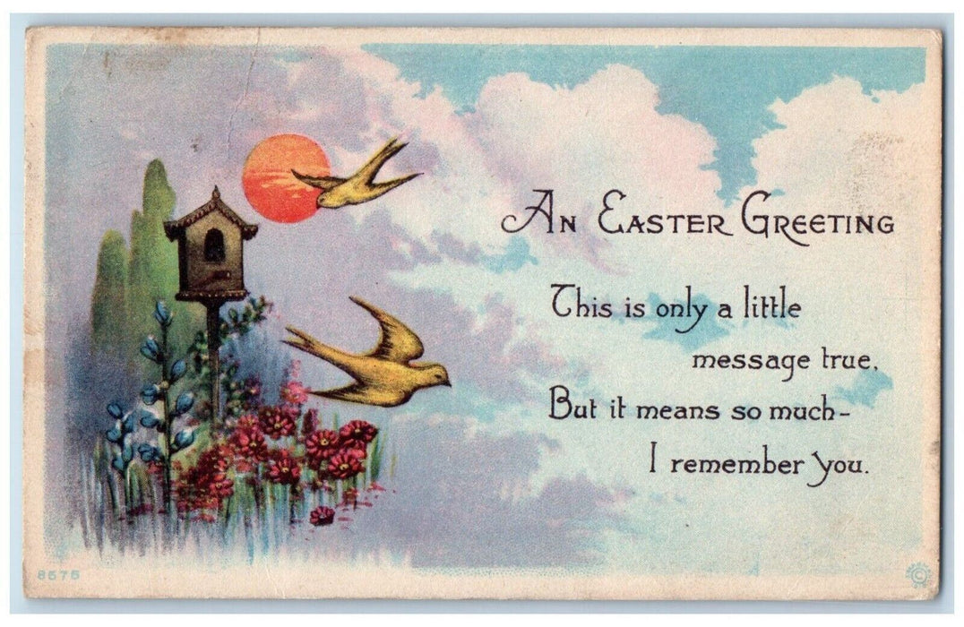 1920 Easter Greeting Bird House Flowers Pipe Berry Los Angeles CA Postcard