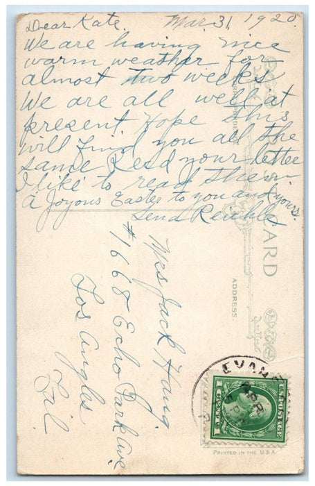 1920 Easter Greeting Bird House Flowers Pipe Berry Los Angeles CA Postcard