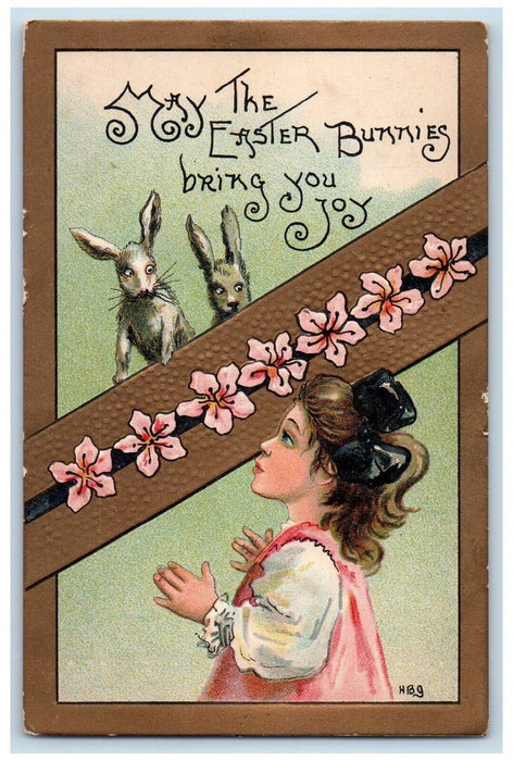 1912 Easter Girl Bunnies Rabbit Flowers HBG Embossed Los Angeles CA Postcard