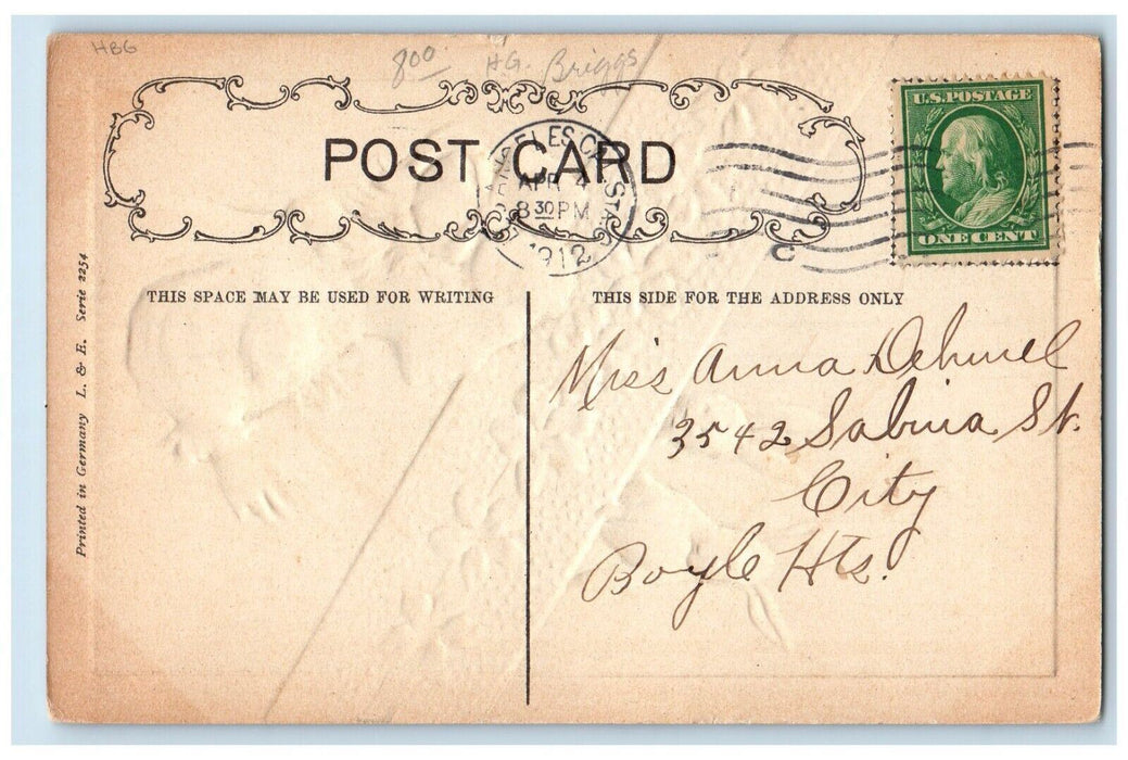1912 Easter Girl Bunnies Rabbit Flowers HBG Embossed Los Angeles CA Postcard