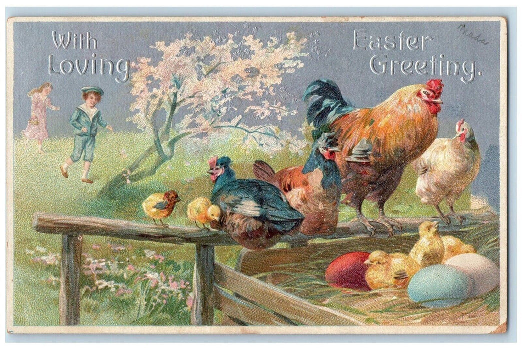 c1910's Easter Greeting Chicken Hen Rooster Eggs Embossed Antique Postcard