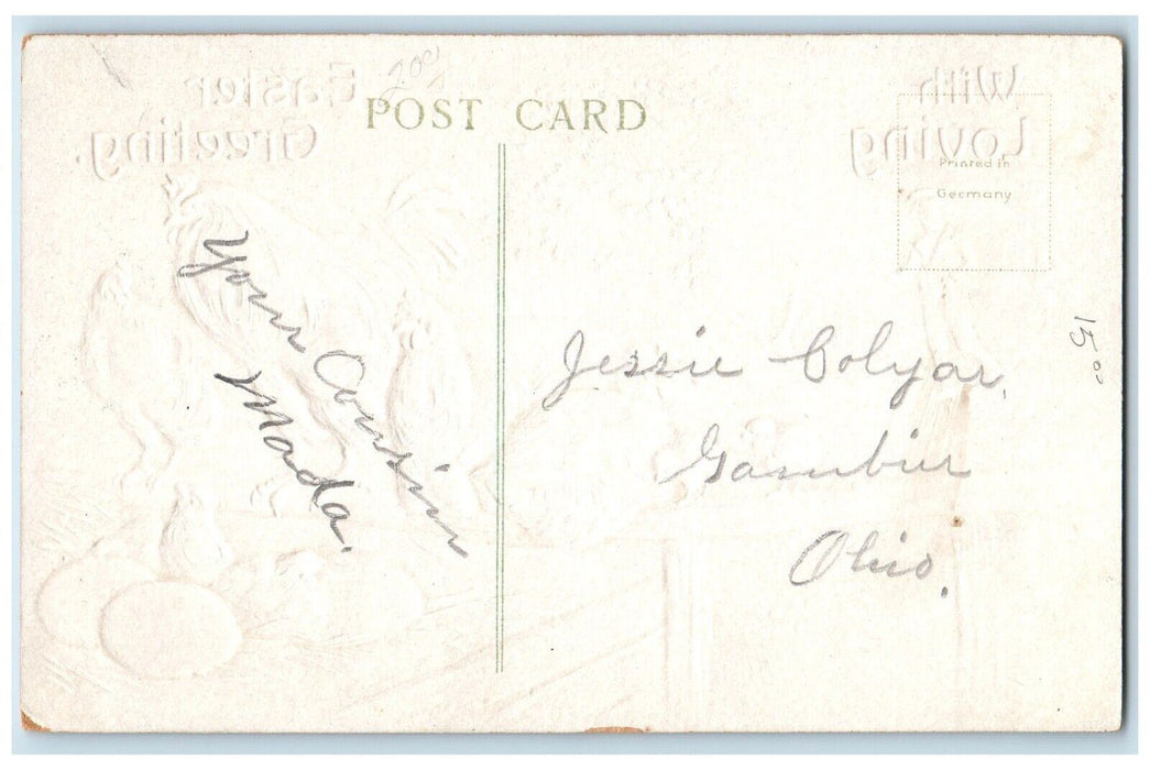 c1910's Easter Greeting Chicken Hen Rooster Eggs Embossed Antique Postcard