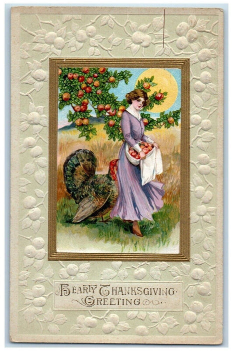 Thanksgiving Greeting Pretty Woman Harvesting Apples Turkey Snelling CA Postcard