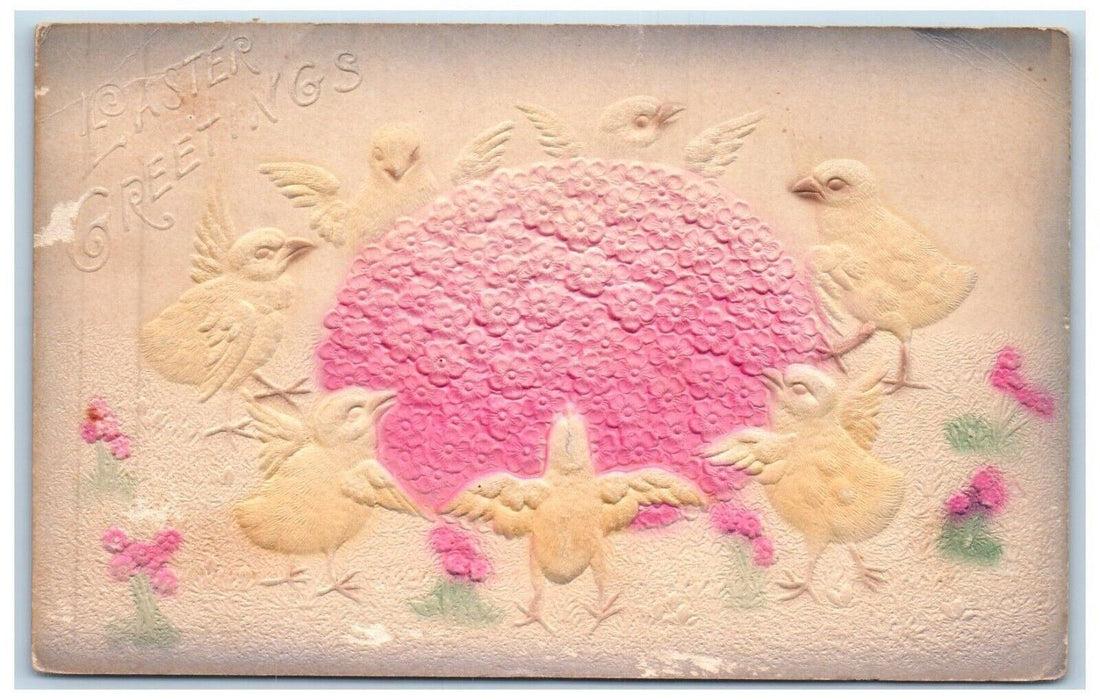 1910 Easter Greetings Egg Covered Pansies Flowers Chicks Airbrushed Postcard