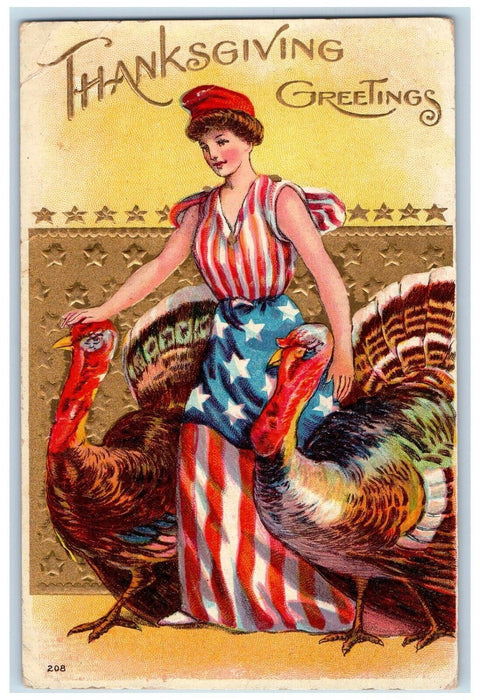 1909 Thanksgiving Greetings Turkeys And Miss Liberty Los Angeles CA Postcard