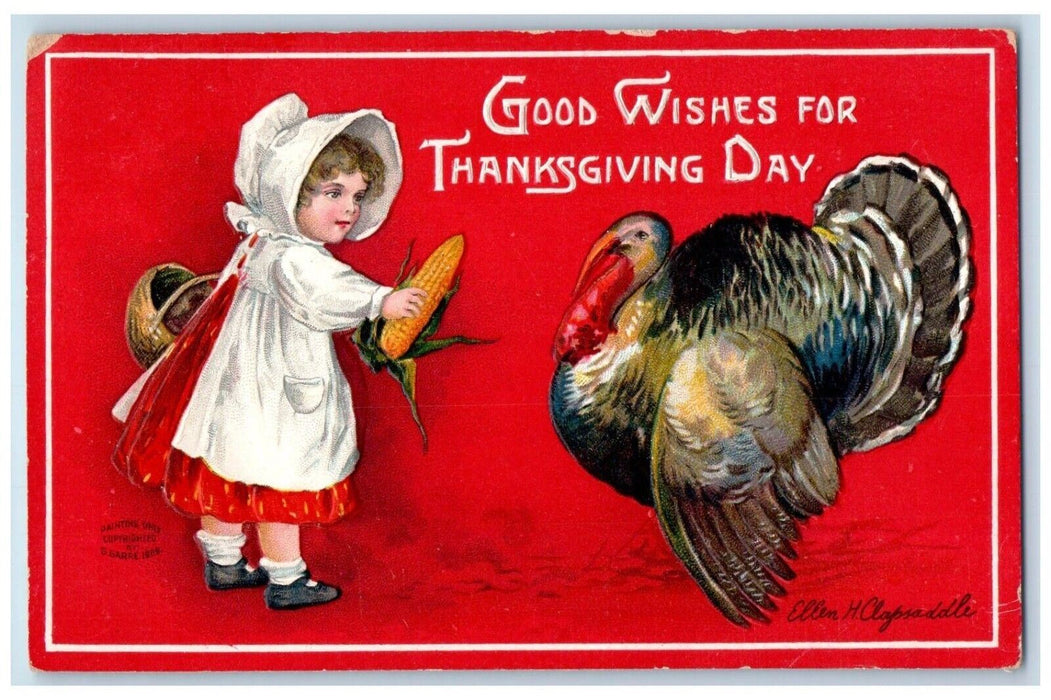 1909 Thanksgiving Day Girl Feeding Turkey Corn Ellen Clapsaddle Antique Postcard