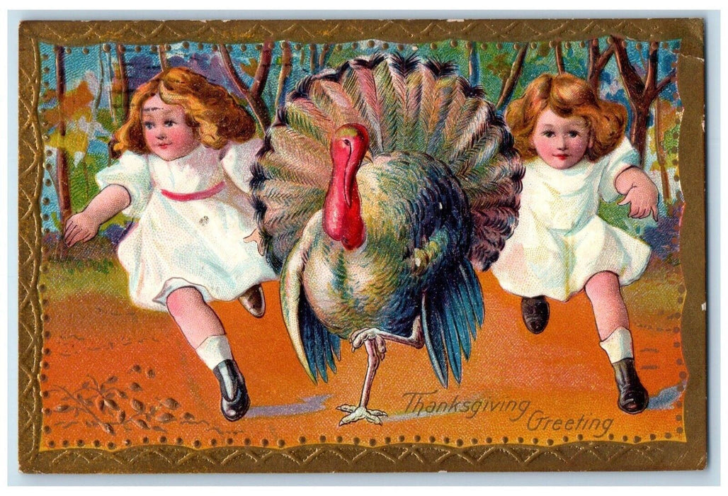 1911 Thanksgiving Greeting Little Girls Chasing Turkey Niagara Falls NY Postcard