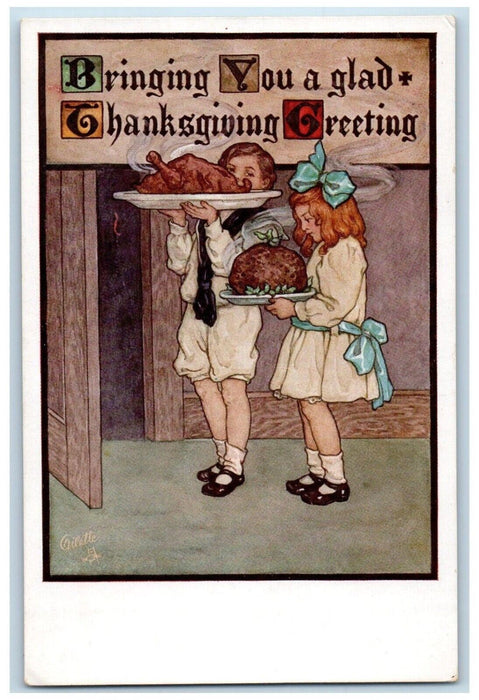 Thanksgiving Greeting Children Serving Turkey And Pie Oilette Tucks Postcard