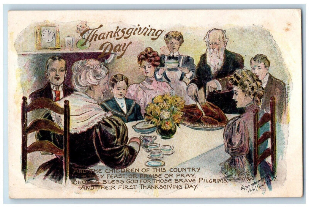 c1910's Thanksgiving Day Family Dinner Turkey Embossed Antique Postcard