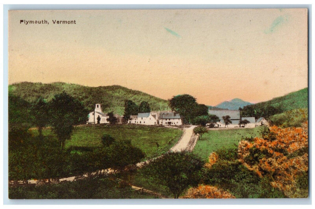 c1940 Scenic View Overlooking Church Plymouth Vermont VT Hand-Colored Postcard