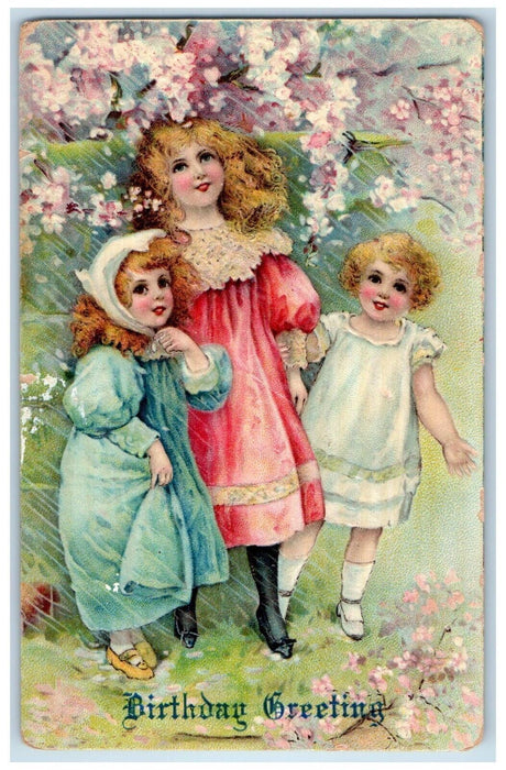 Birthday Greetings Girls Blossom Tree Flowers Embossed Santa Ana CA Postcard