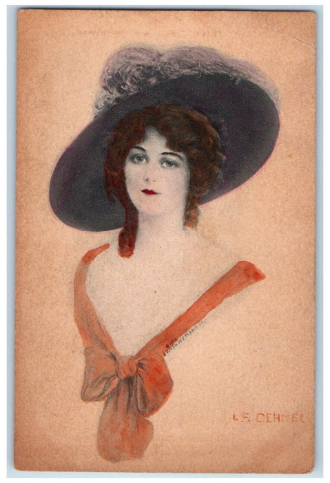 Pretty Woman Big Hat Curly Hair Ribbon L. F. Dehmel J Knowles Hare Postcard