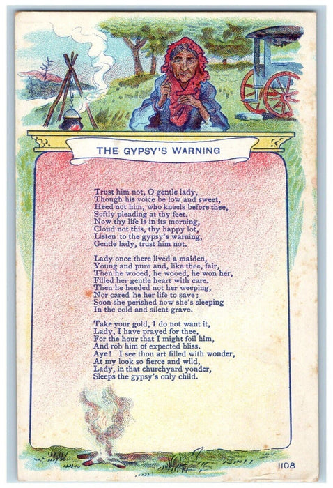 c1910's The Gypsy's Warning Poem Old Woman Cooking Unposted Antique Postcard