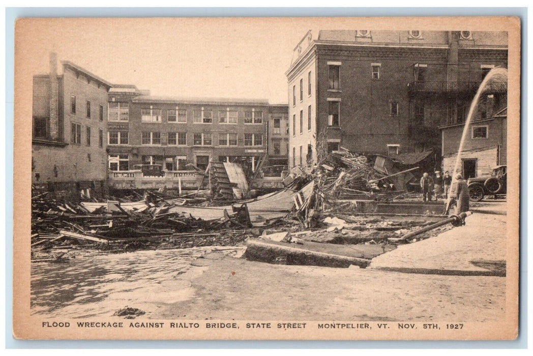 c1940 Flood Wreckage Against Rialto Bridge State Street Montpelier VT Postcard