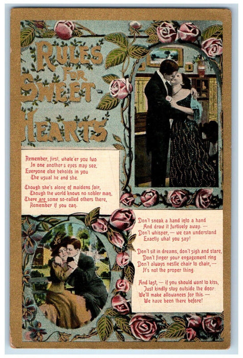 c1910's Rules For Sweet Hearts Couple Kissing Romance Roses Antique Postcard