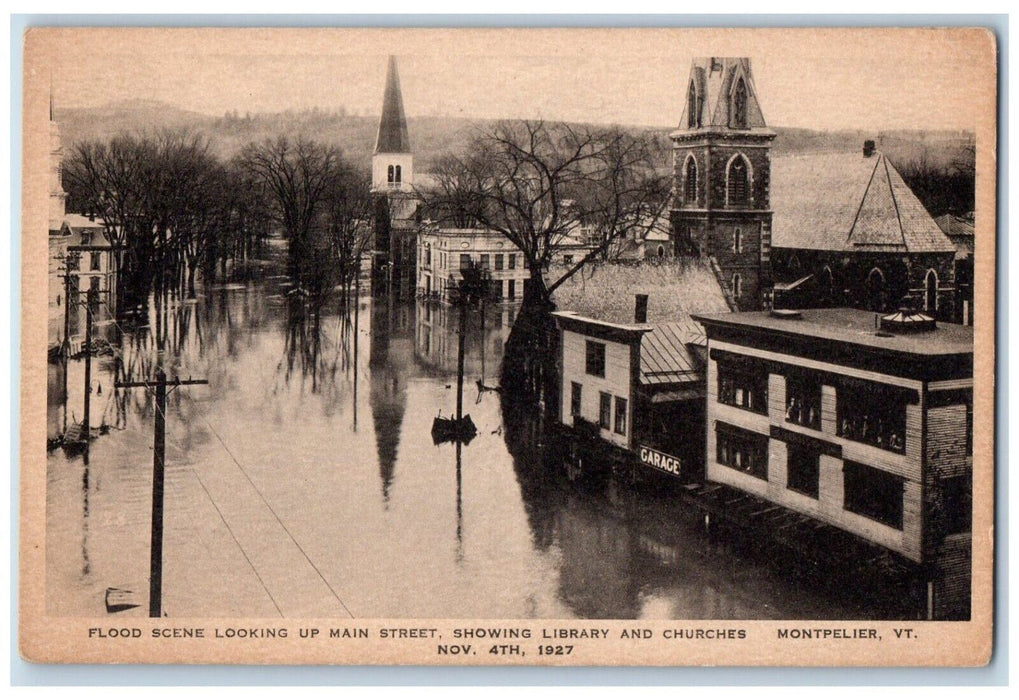 c1940 Flood Scene Looking Main Street Library Church Montpelier Vermont Postcard